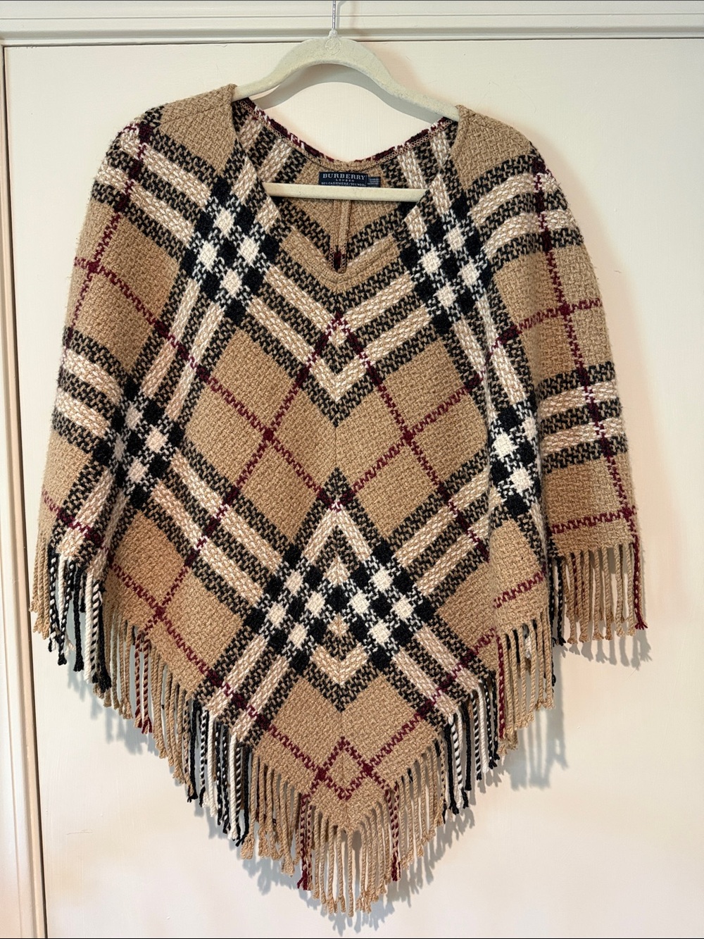 Burberry Beige Plaid Fringe Poncho